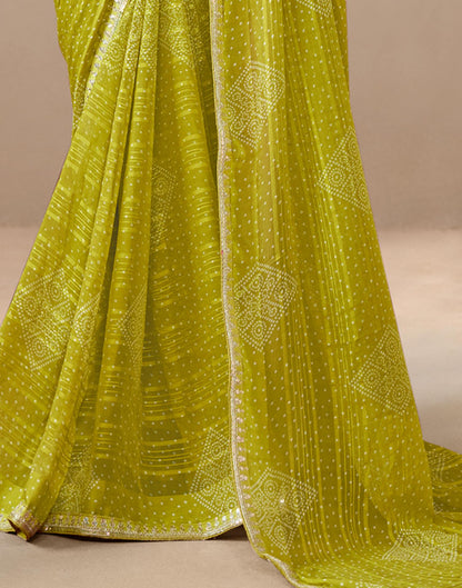 Lime Green Georgette Printed Bandhani Saree
