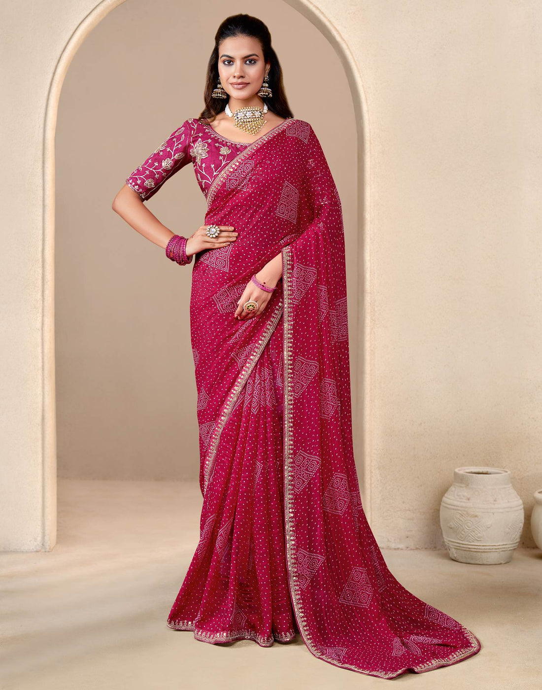 Rani Pink Georgette Printed Bandhani Saree