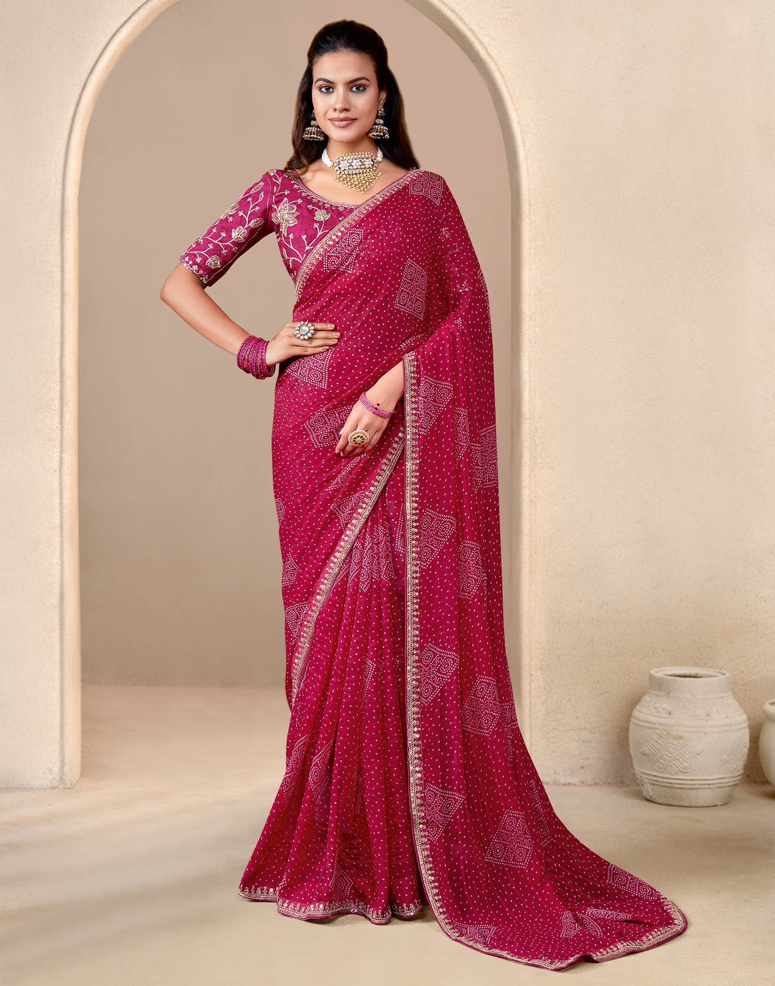 Rani Pink Georgette Printed Bandhani Saree