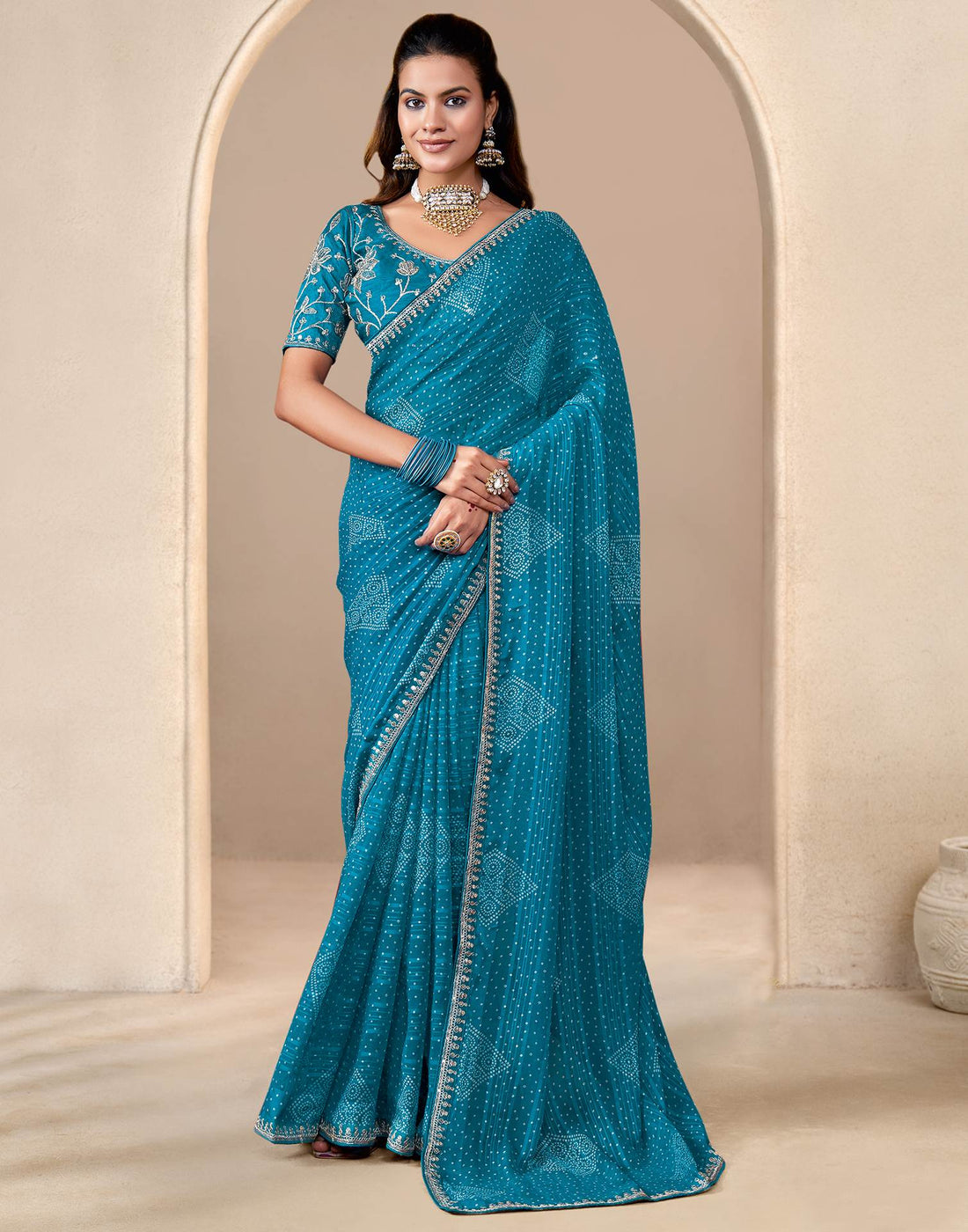 Teal Blue Georgette Printed Bandhani Saree