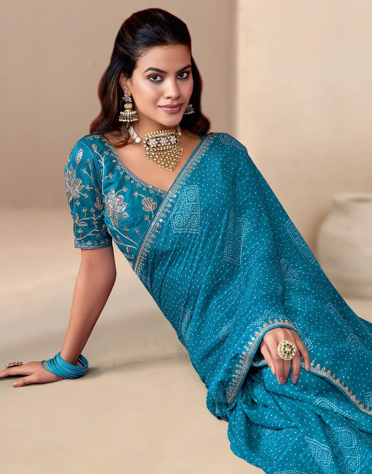 Teal Blue Georgette Printed Bandhani Saree