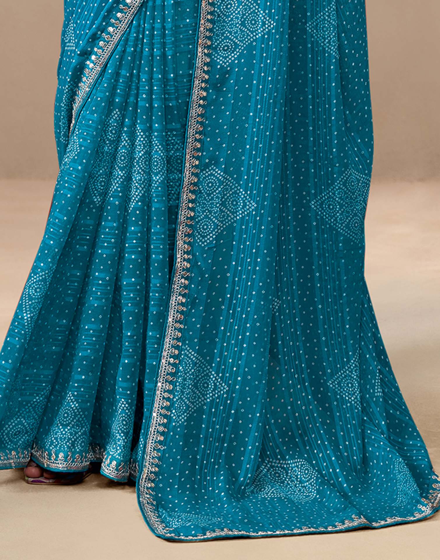 Teal Blue Georgette Printed Bandhani Saree