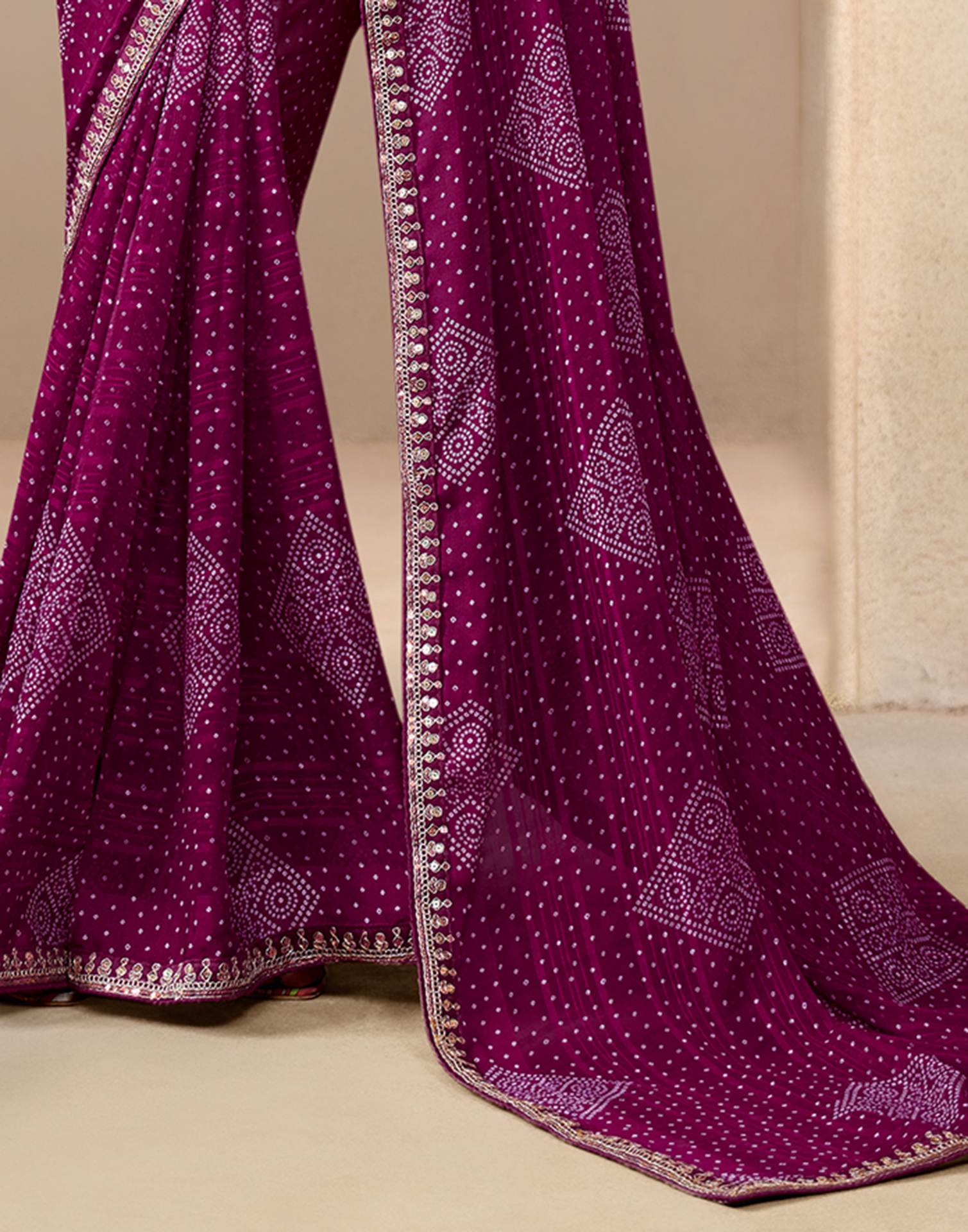Wine Georgette Printed Bandhani Saree