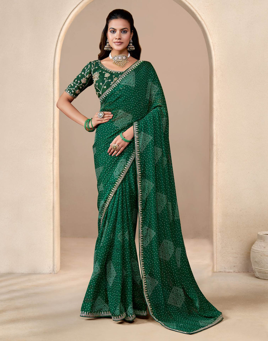 Green Georgette Printed Bandhani Saree