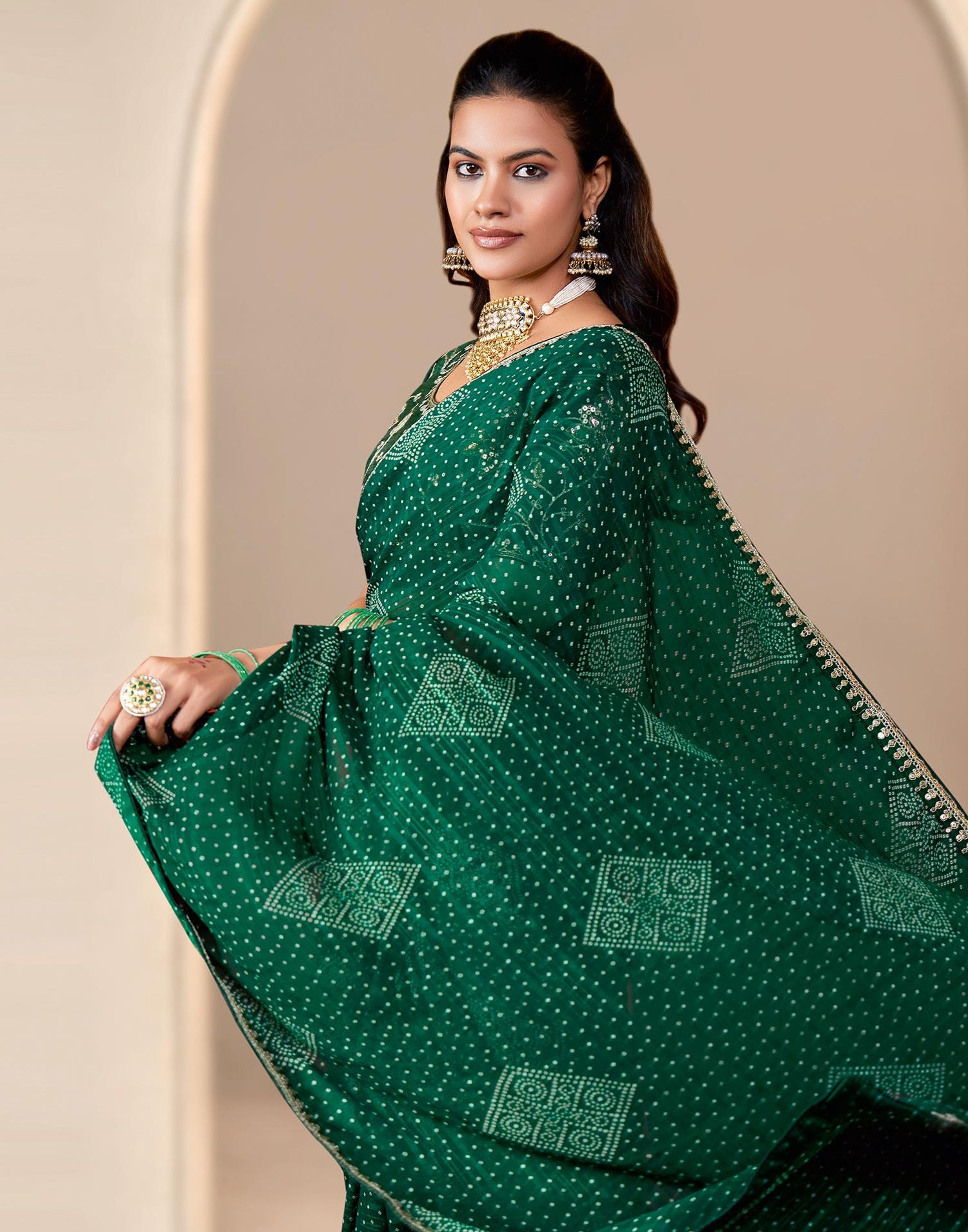 Green Georgette Printed Bandhani Saree