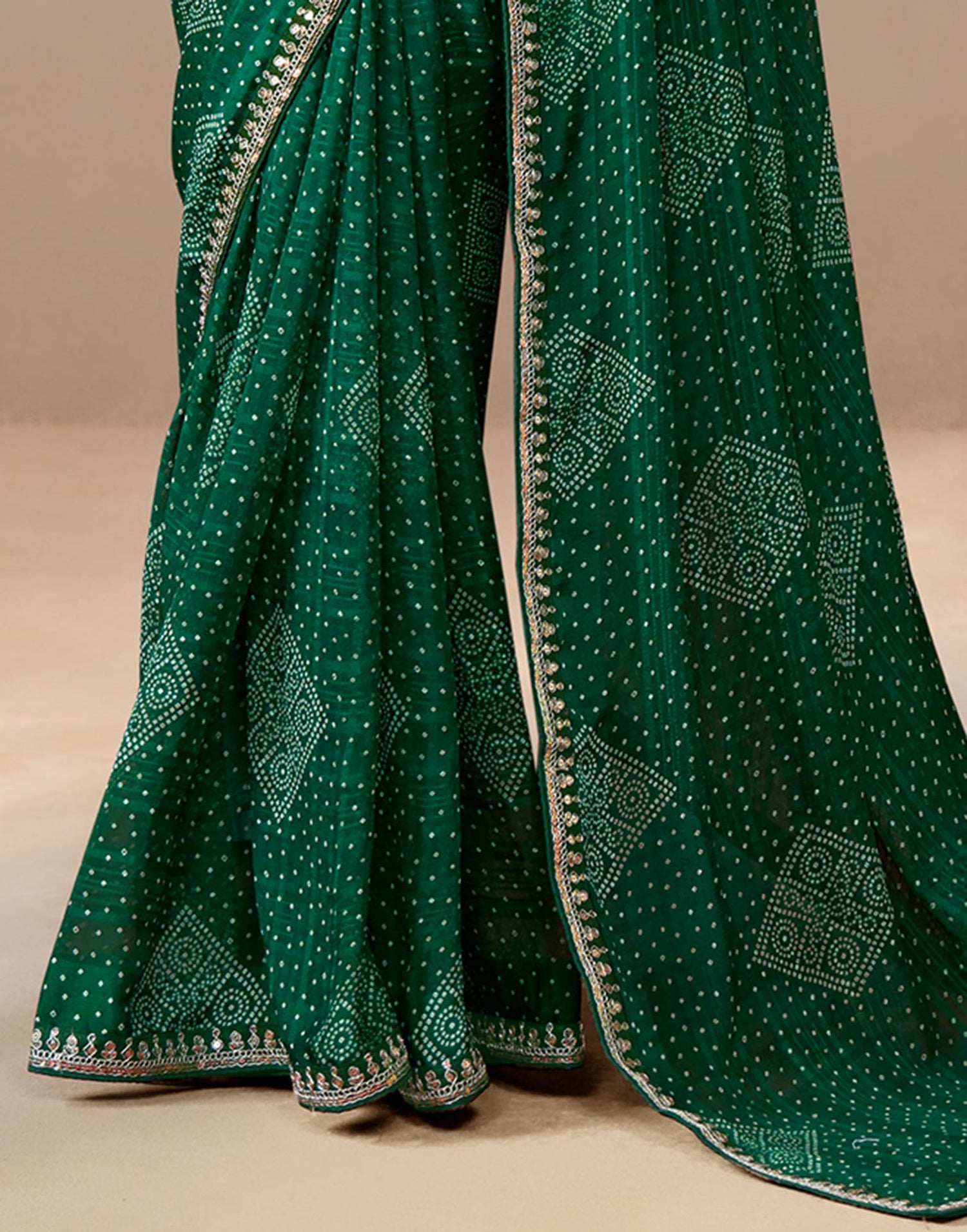 Green Georgette Printed Bandhani Saree