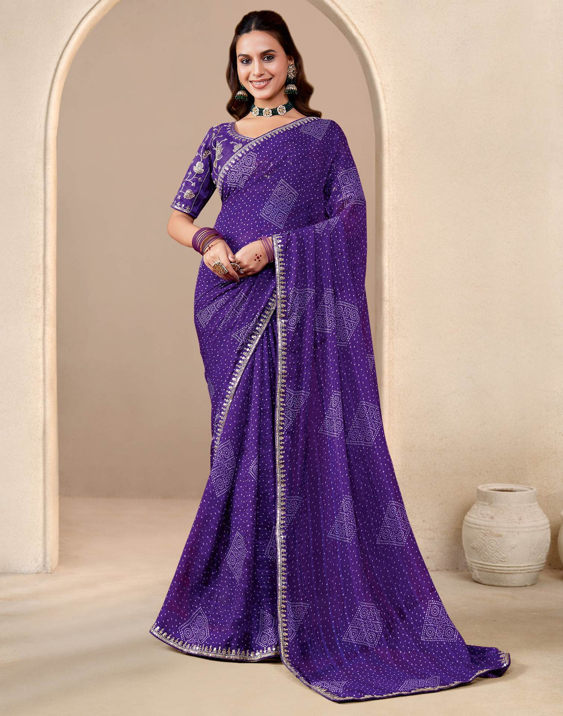 Violet Georgette Printed Bandhani Saree