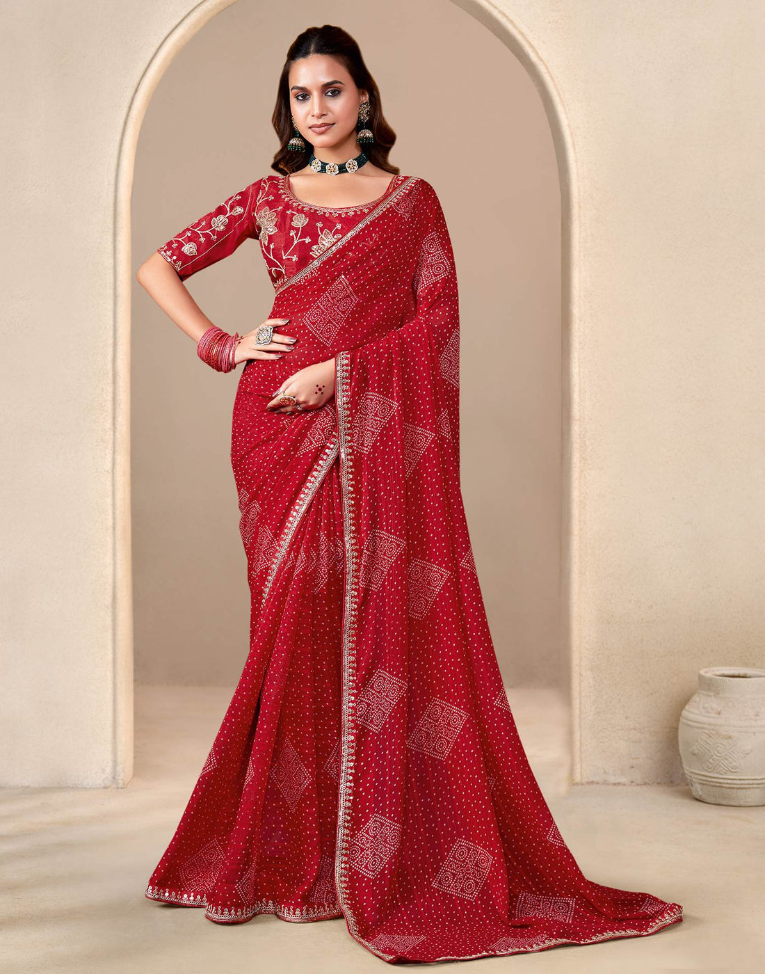 Red Georgette Printed Bandhani Saree
