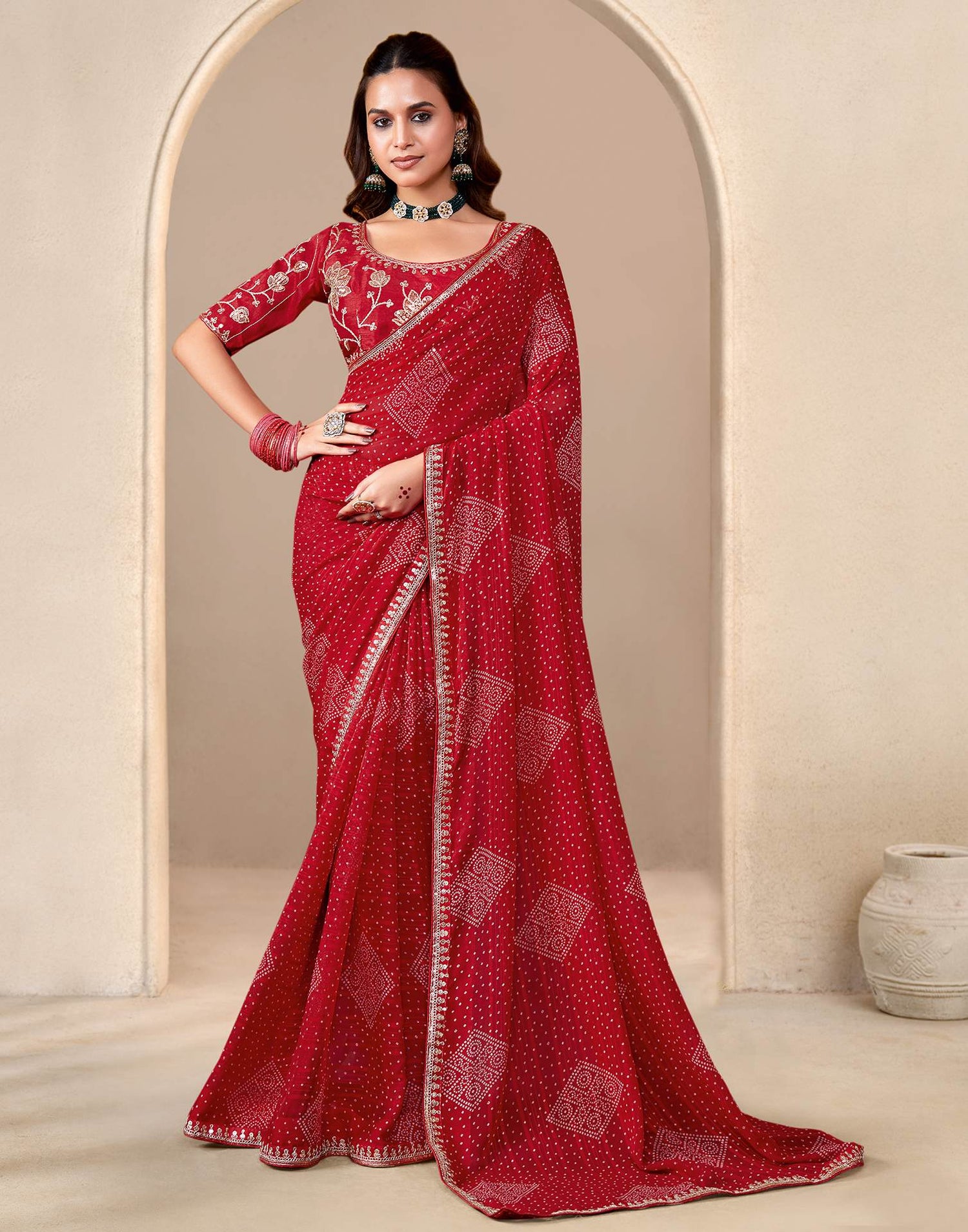 Red Georgette Printed Bandhani Saree
