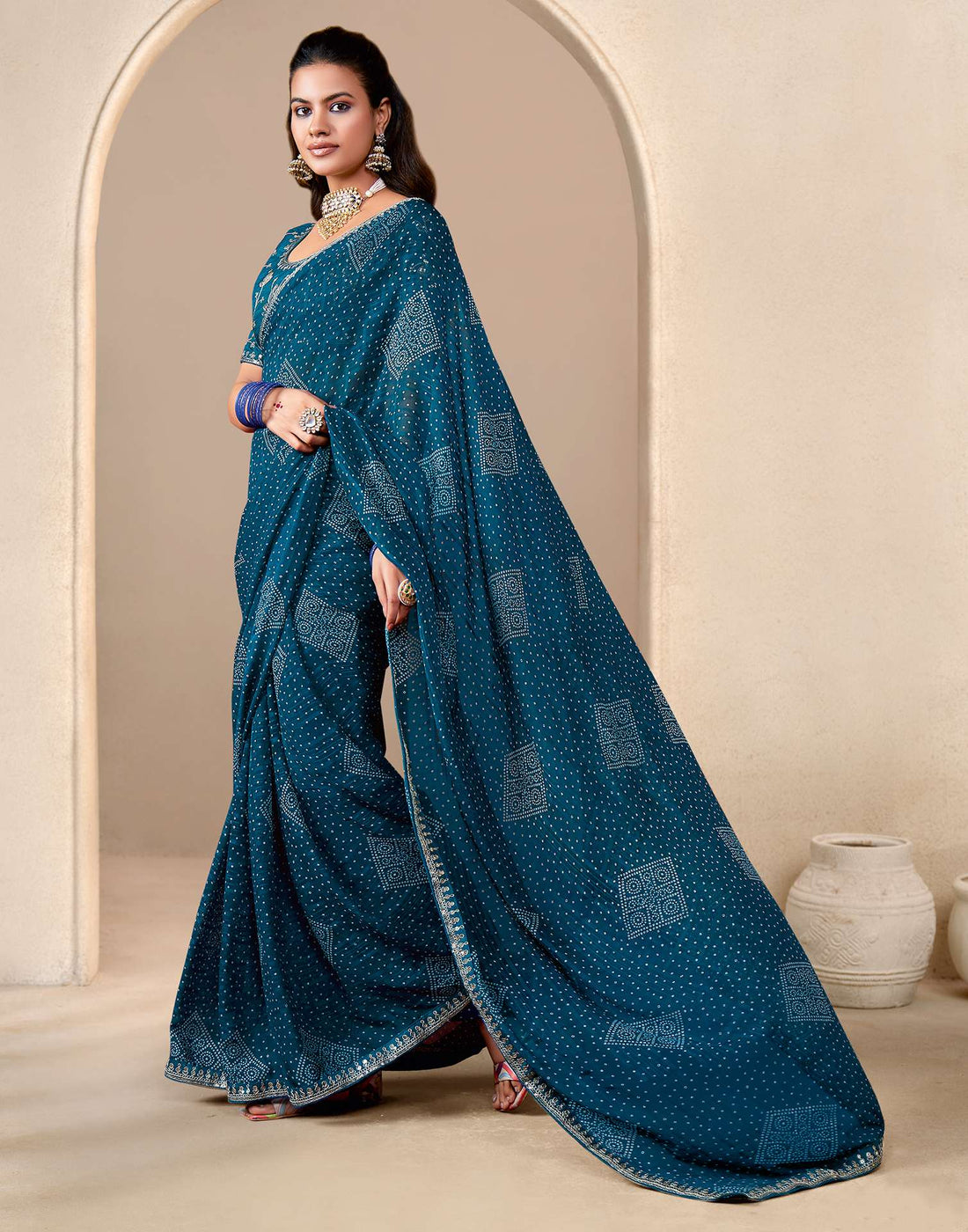 Rama Blue Georgette Printed Bandhani Saree