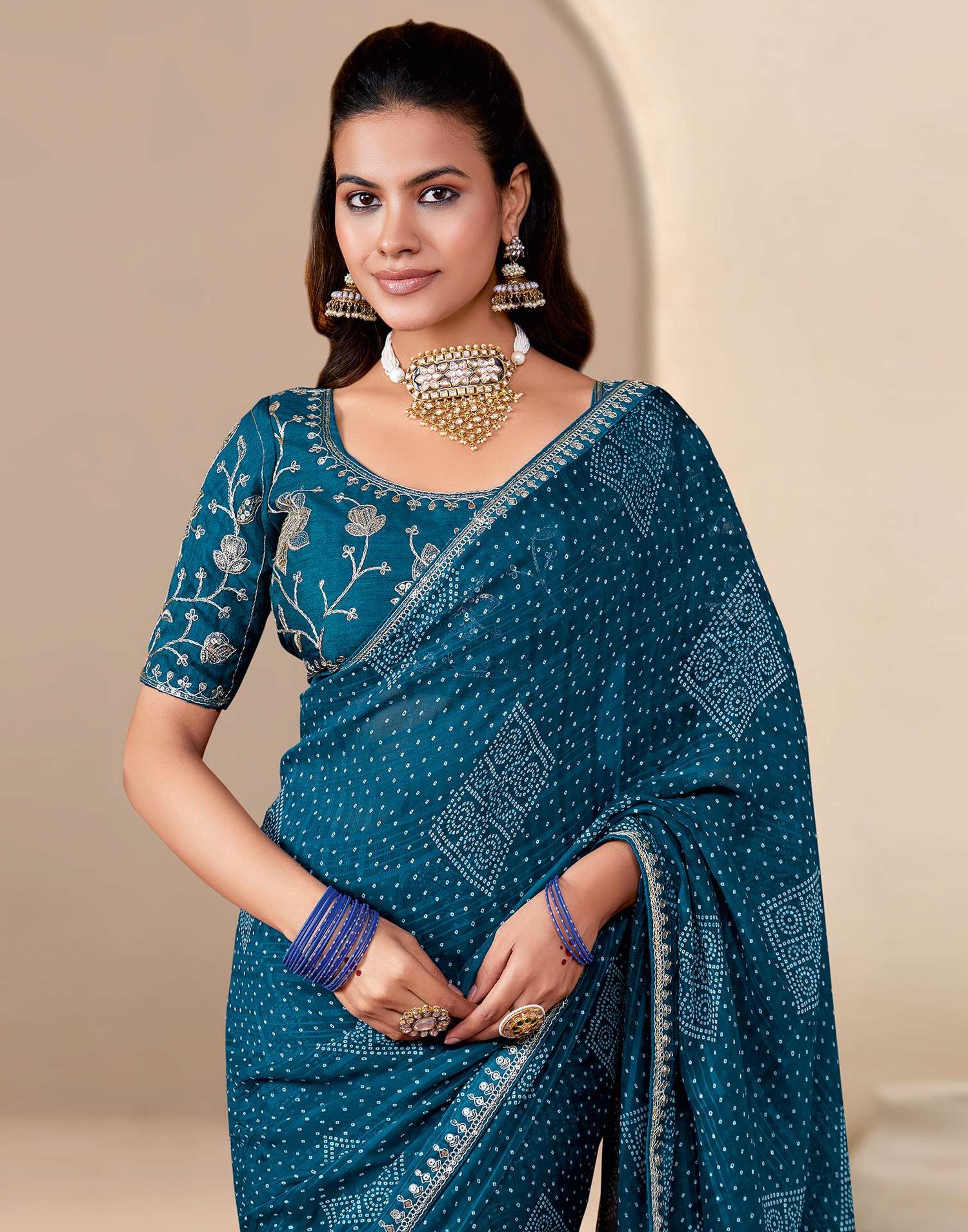 Rama Blue Georgette Printed Bandhani Saree