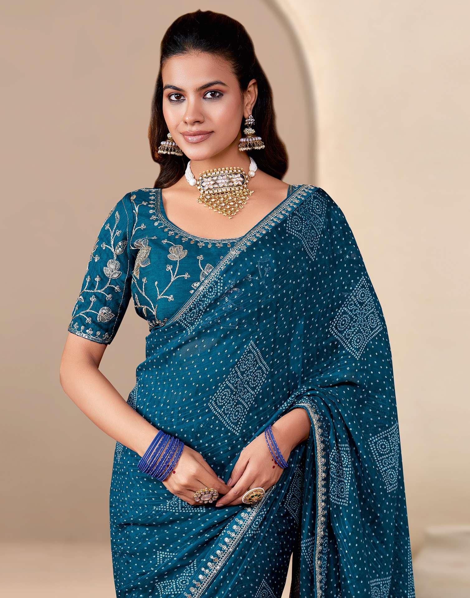 Rama Blue Georgette Printed Bandhani Saree