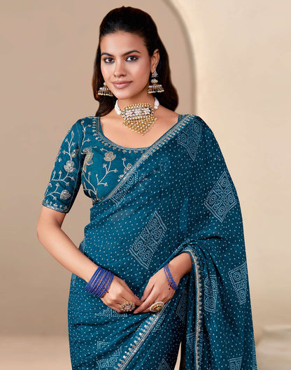 Rama Blue Georgette Printed Bandhani Saree