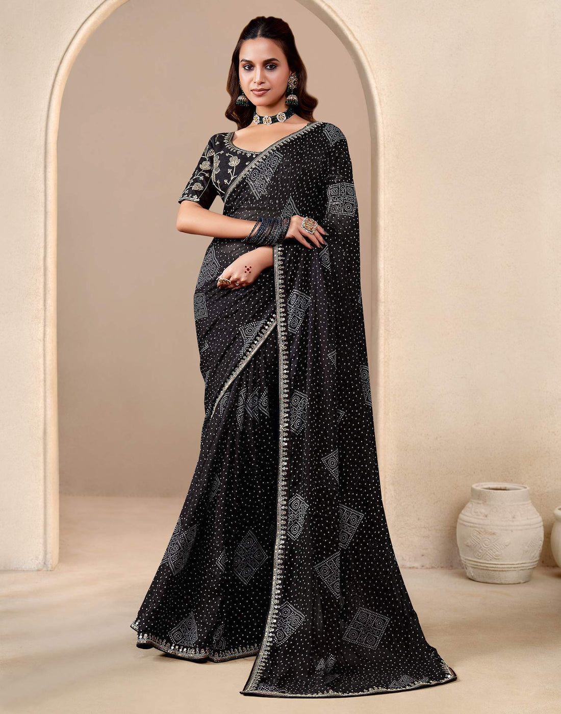 Black Georgette Printed Bandhani Saree