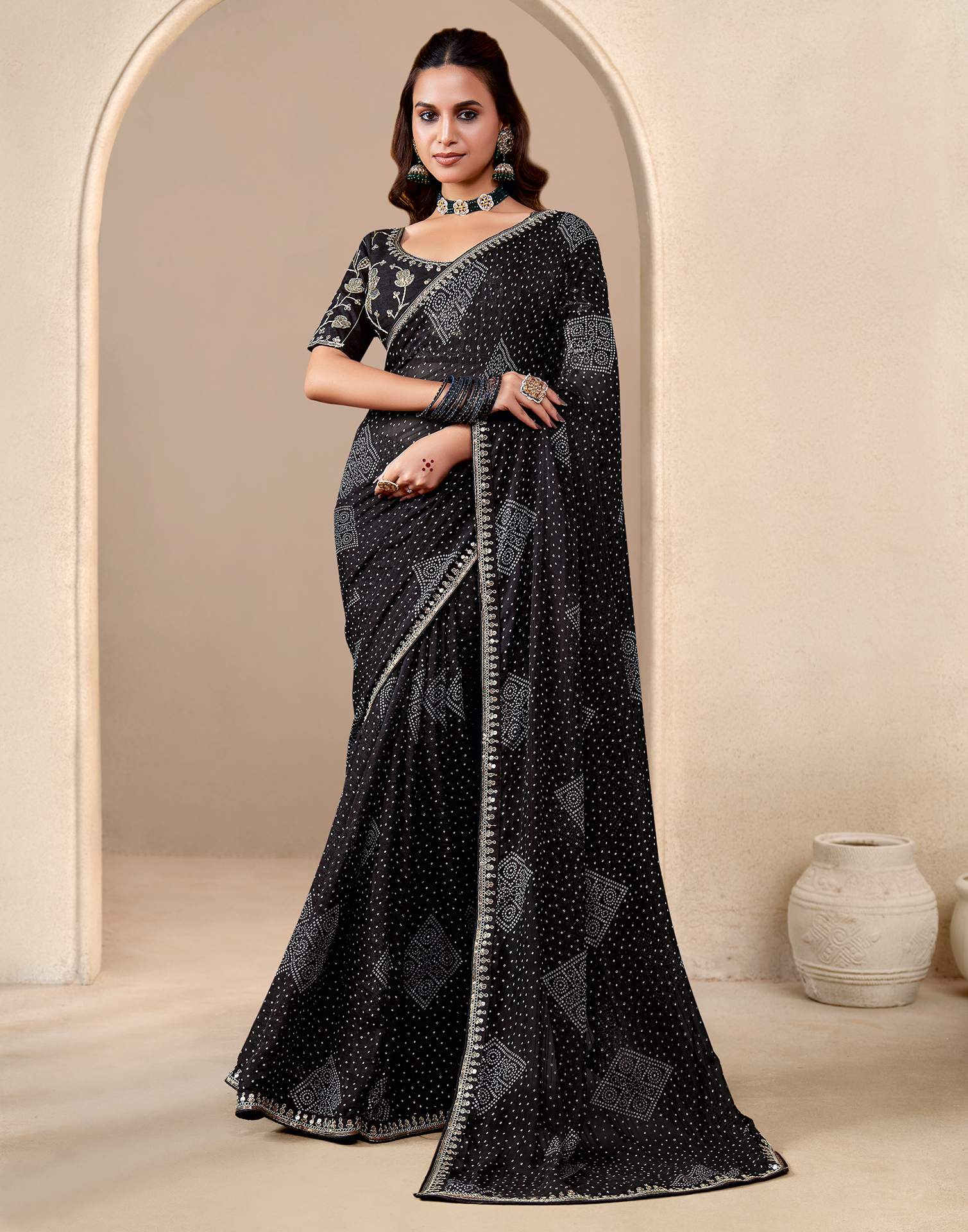 Black Georgette Printed Bandhani Saree