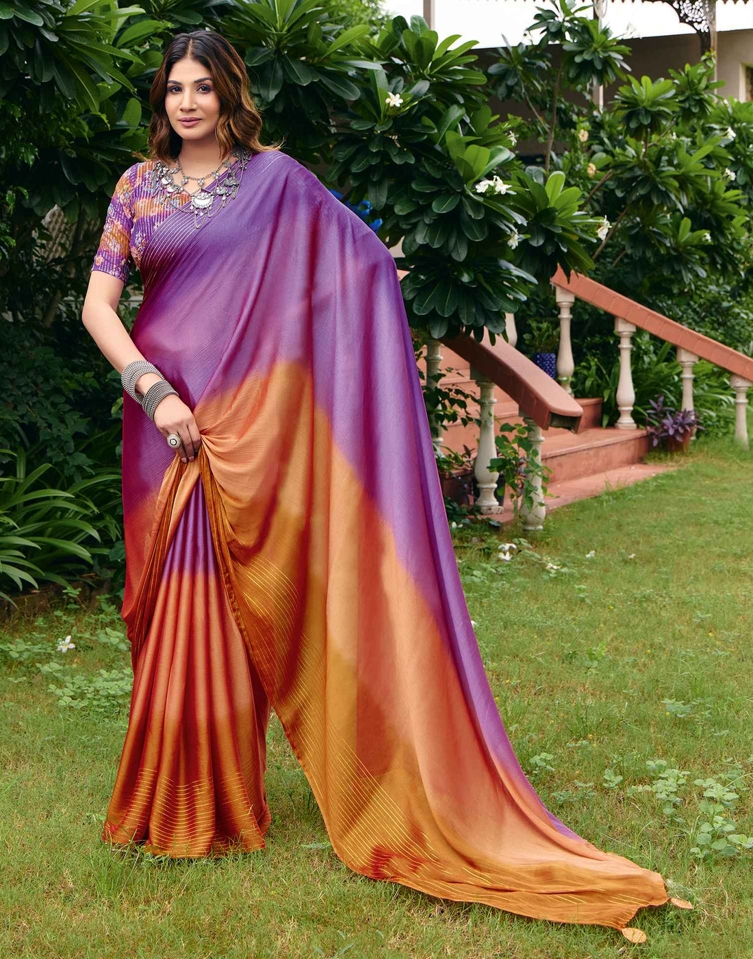 Purple Chiffon Zari Stripe Saree