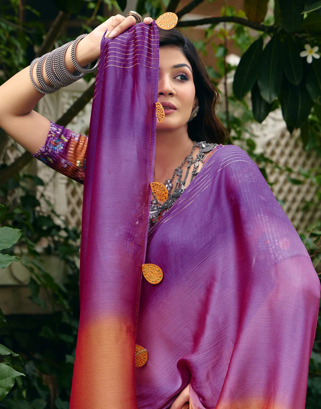 Purple Chiffon Zari Stripe Saree