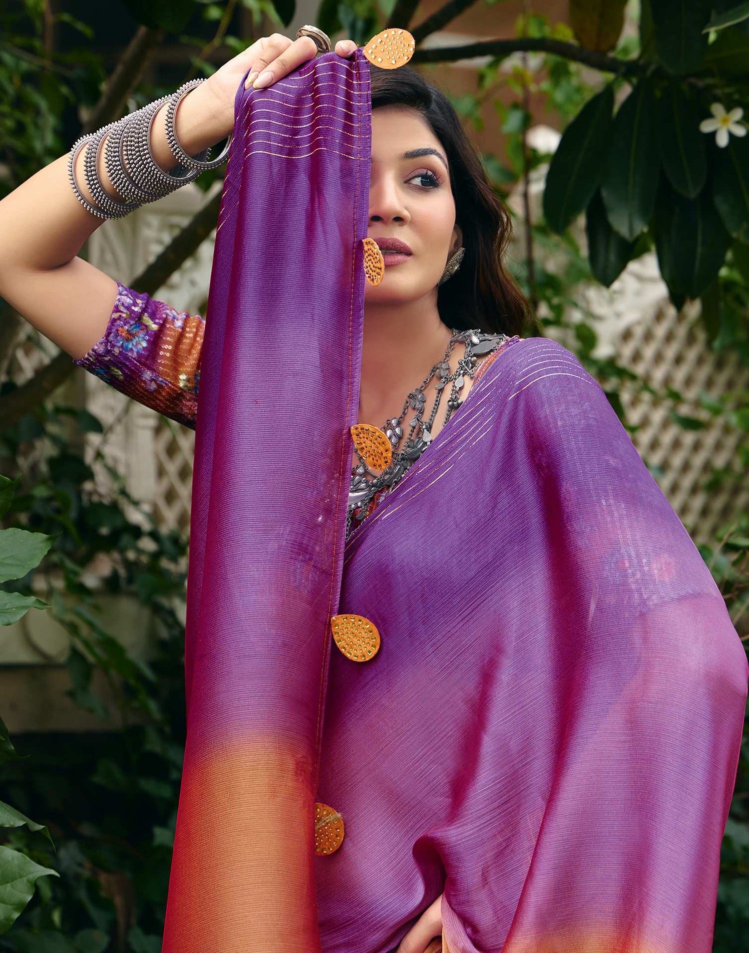Purple Chiffon Zari Stripe Saree