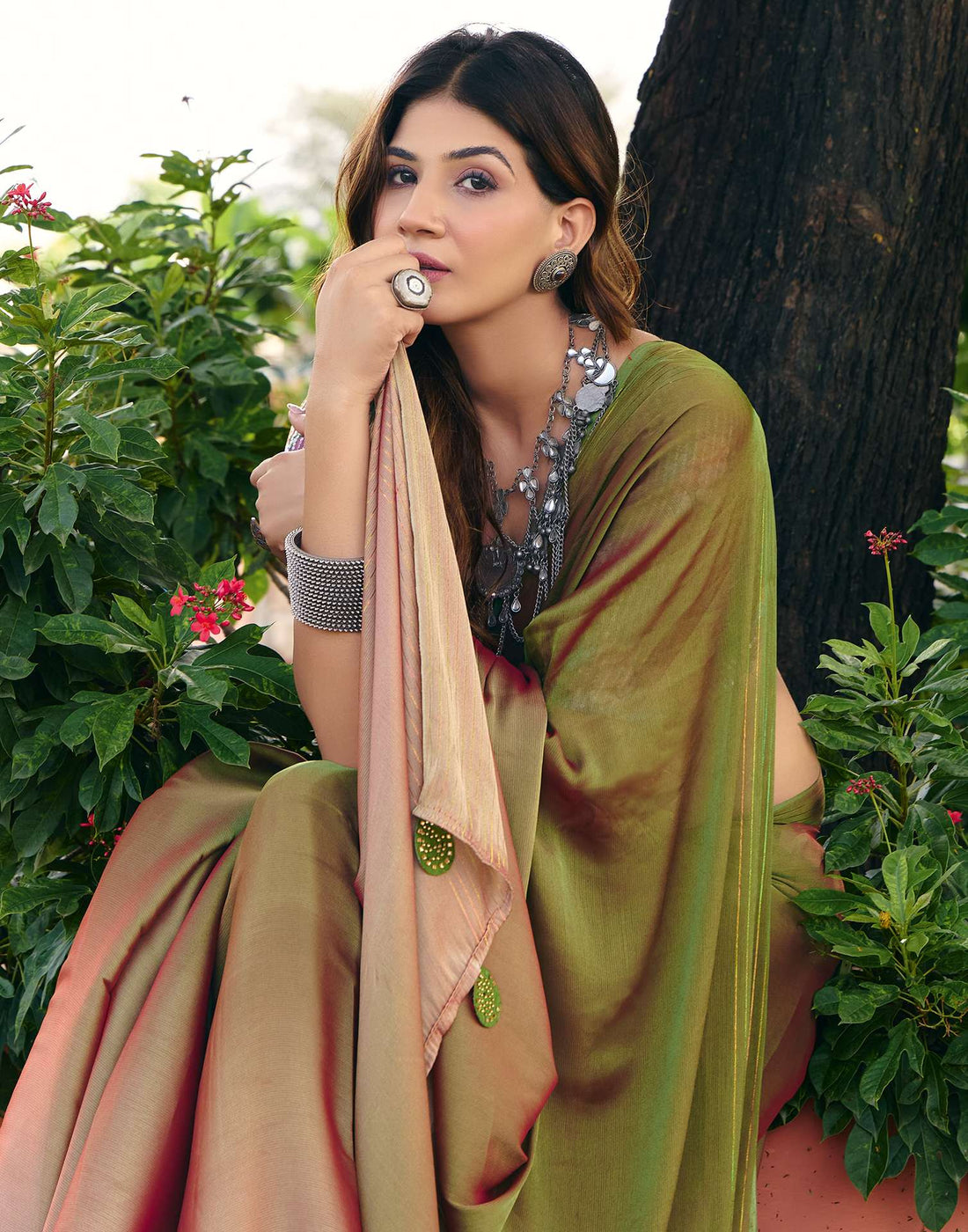 Olive Green Chiffon Zari Stripe Saree