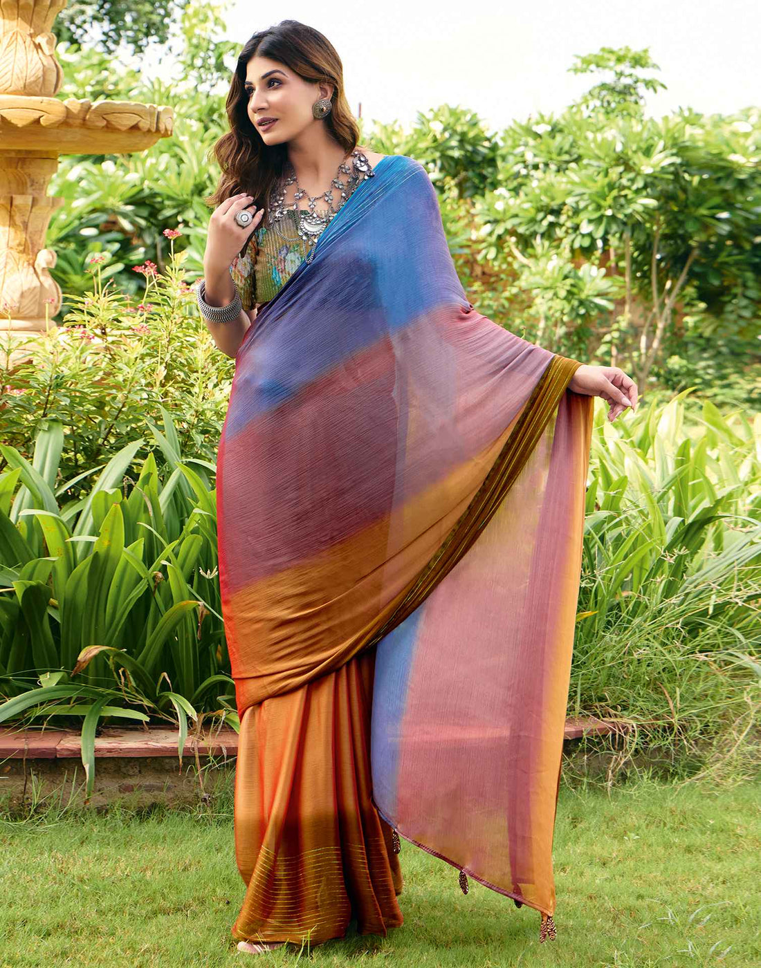 Multicoloured Chiffon Zari Stripe Saree