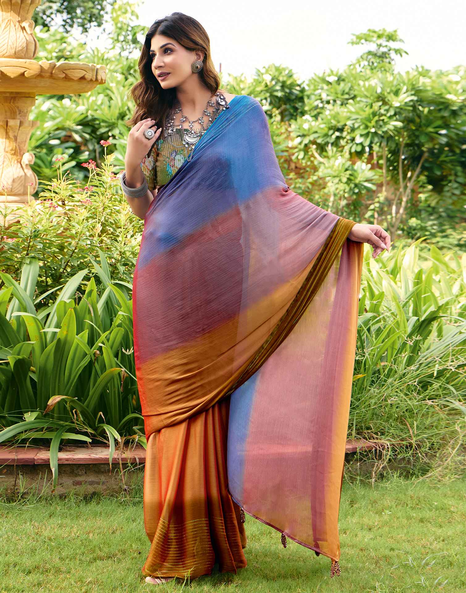Multicoloured Chiffon Zari Stripe Saree