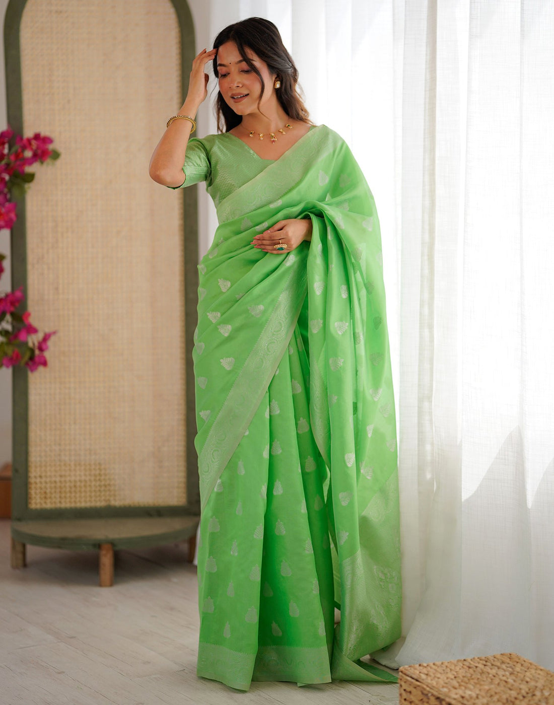 Parrot Green Silk Woven Saree