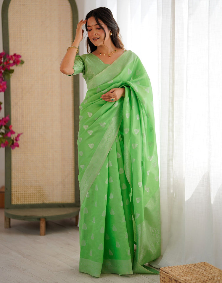 Parrot Green Silk Woven Saree