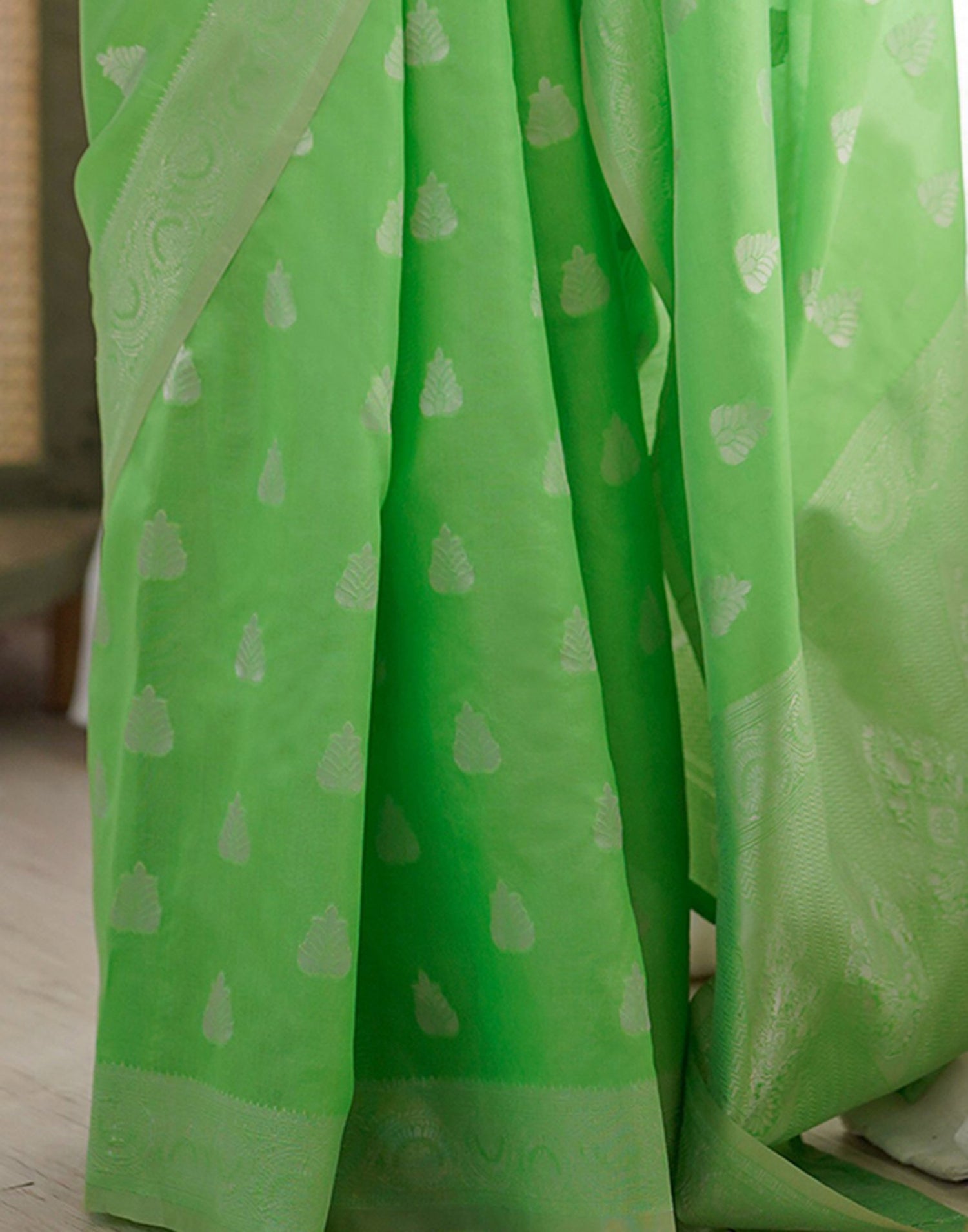 Parrot Green Silk Woven Saree