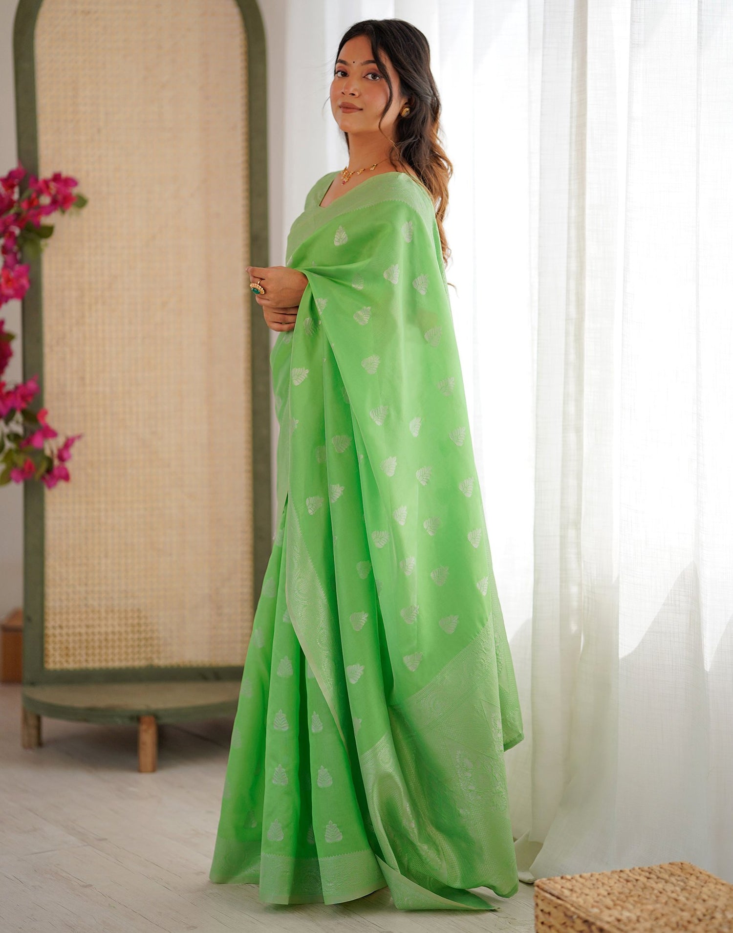 Parrot Green Silk Woven Saree