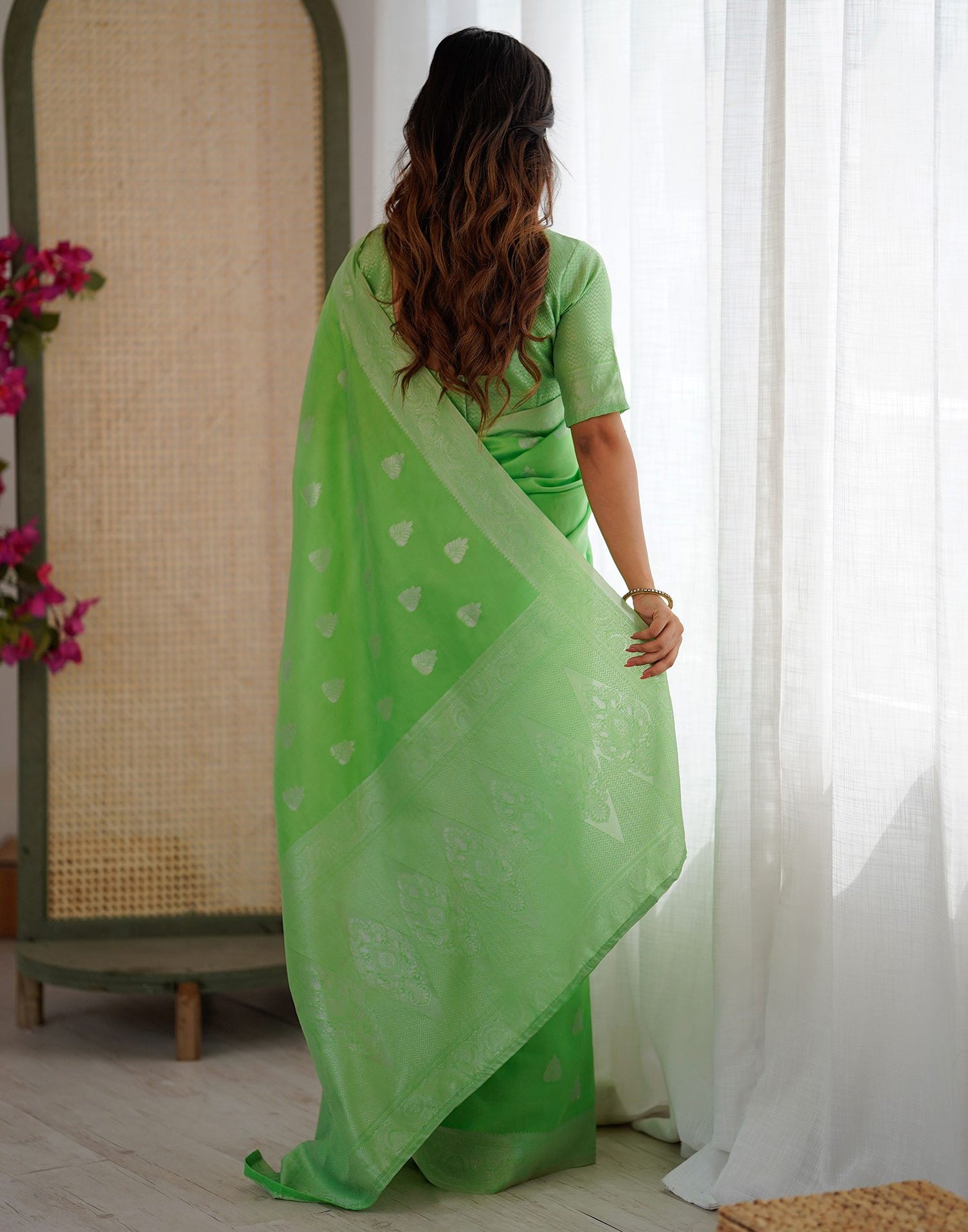 Parrot Green Silk Woven Saree