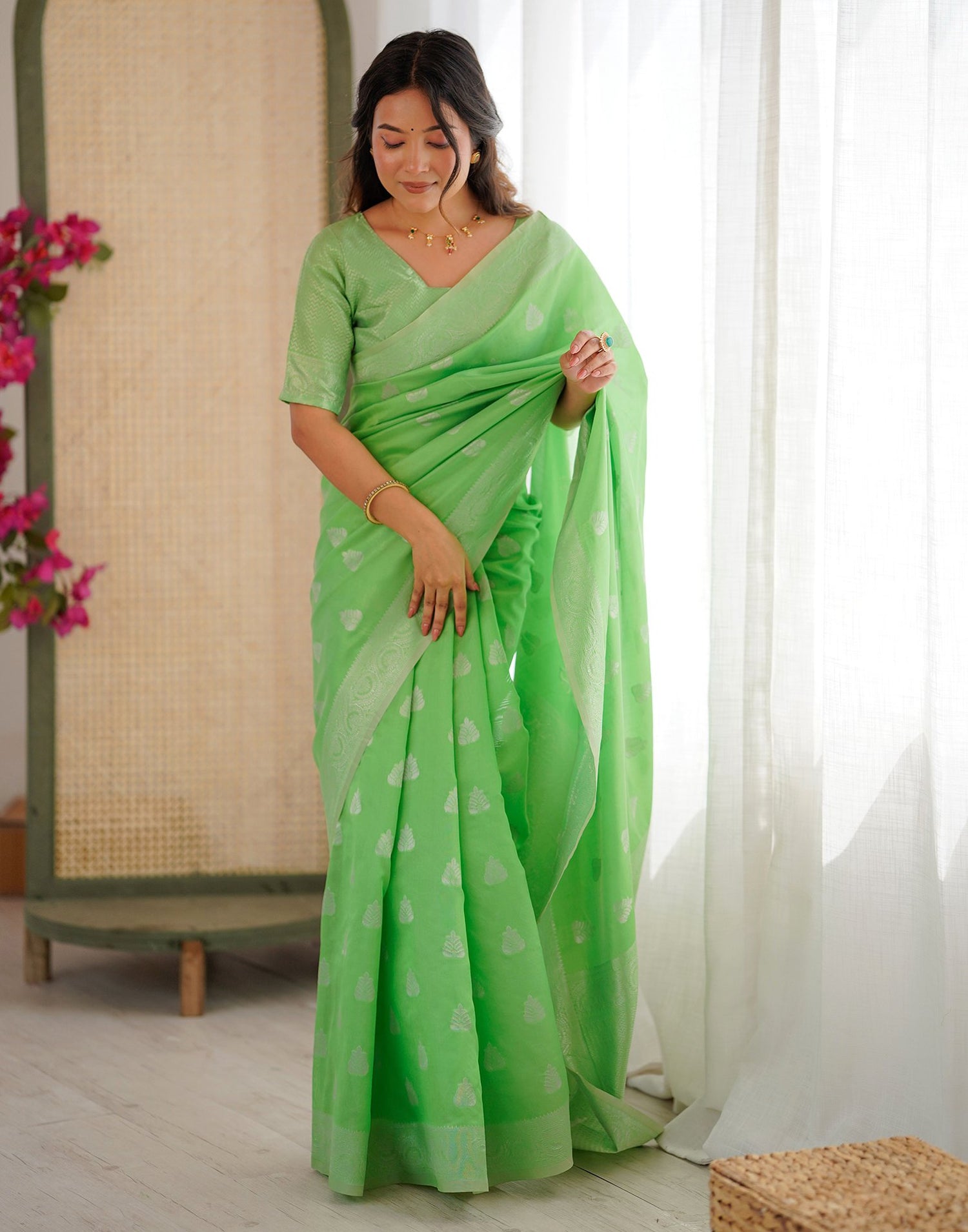 Parrot Green Silk Woven Saree