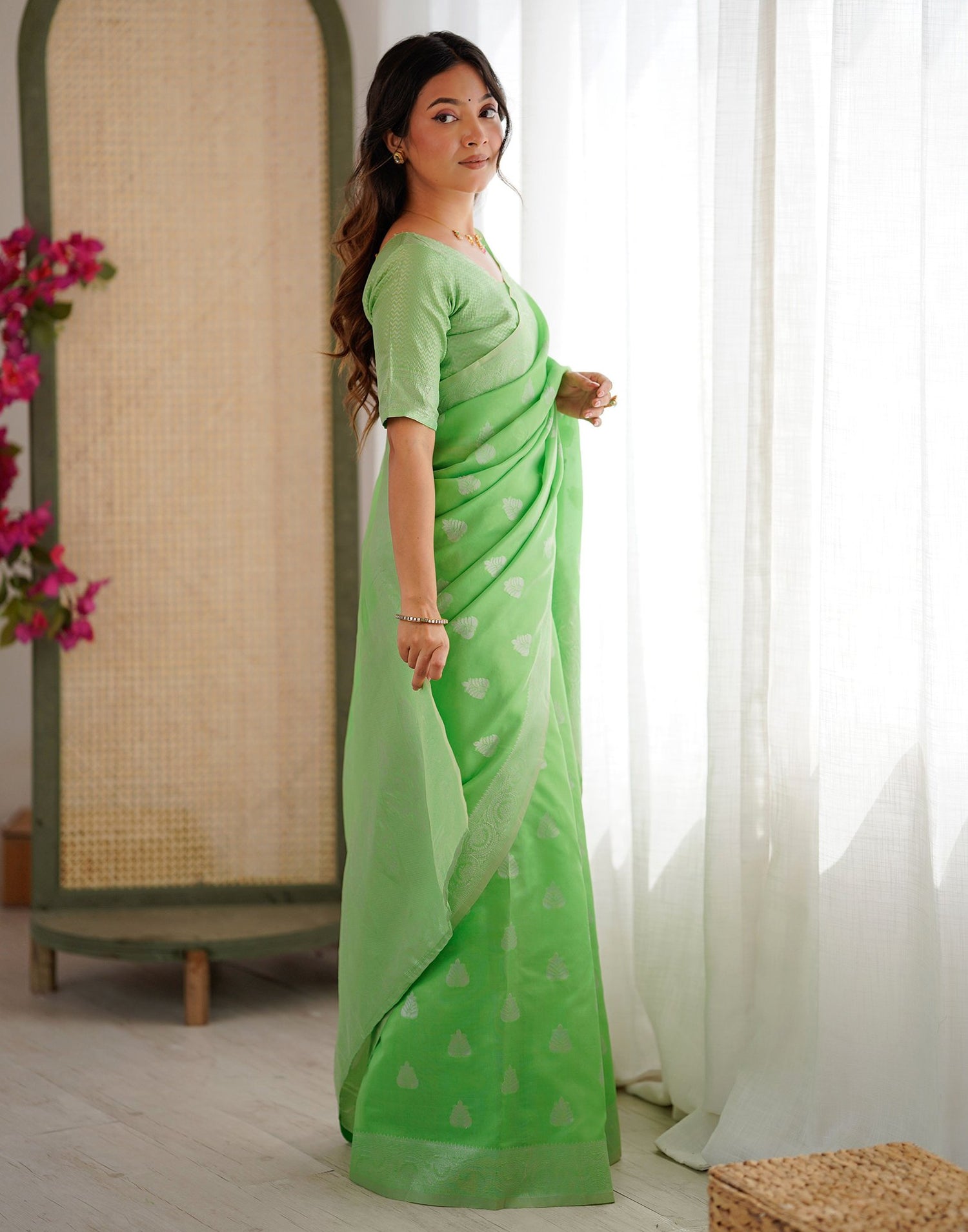 Parrot Green Silk Woven Saree