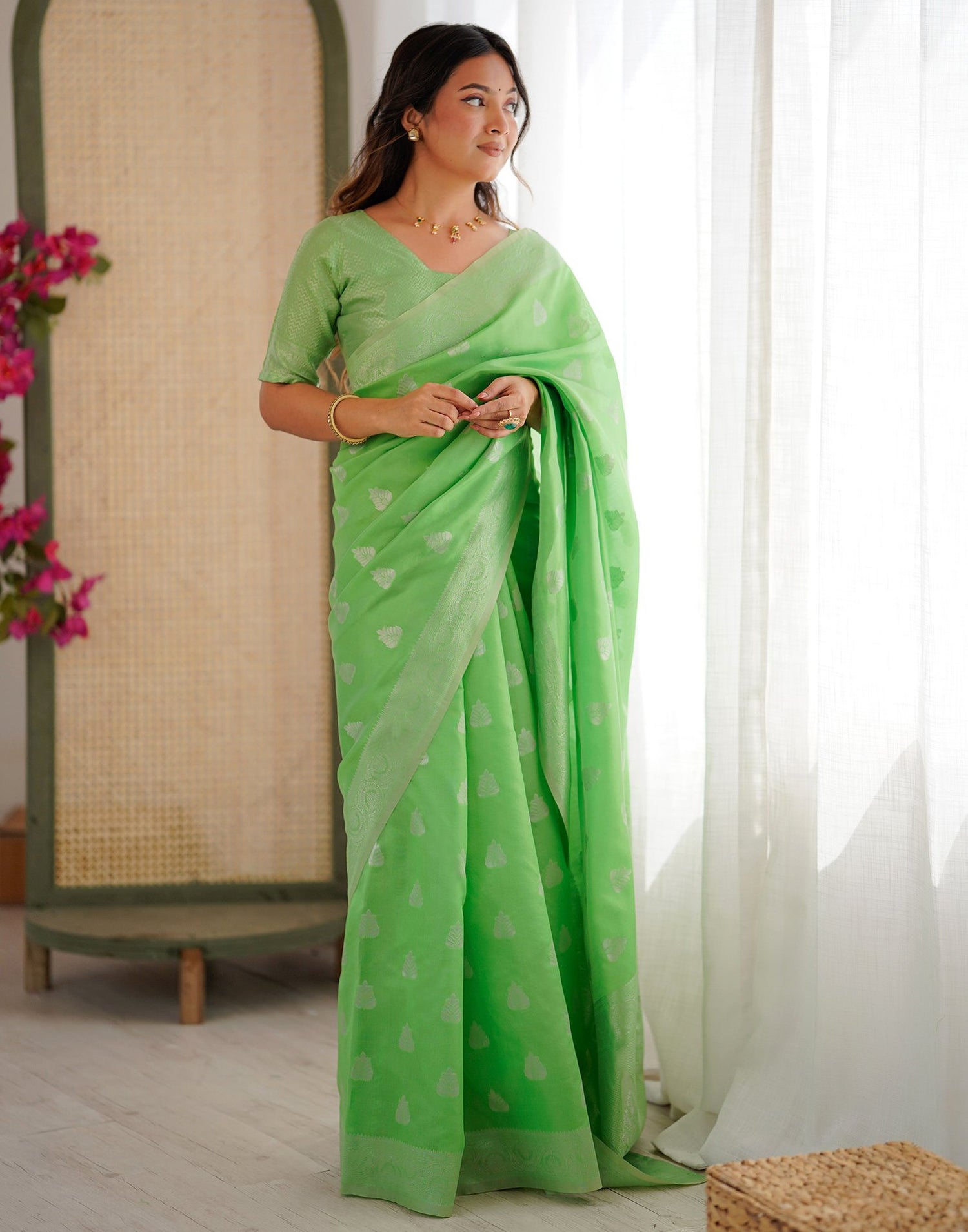 Parrot Green Silk Woven Saree