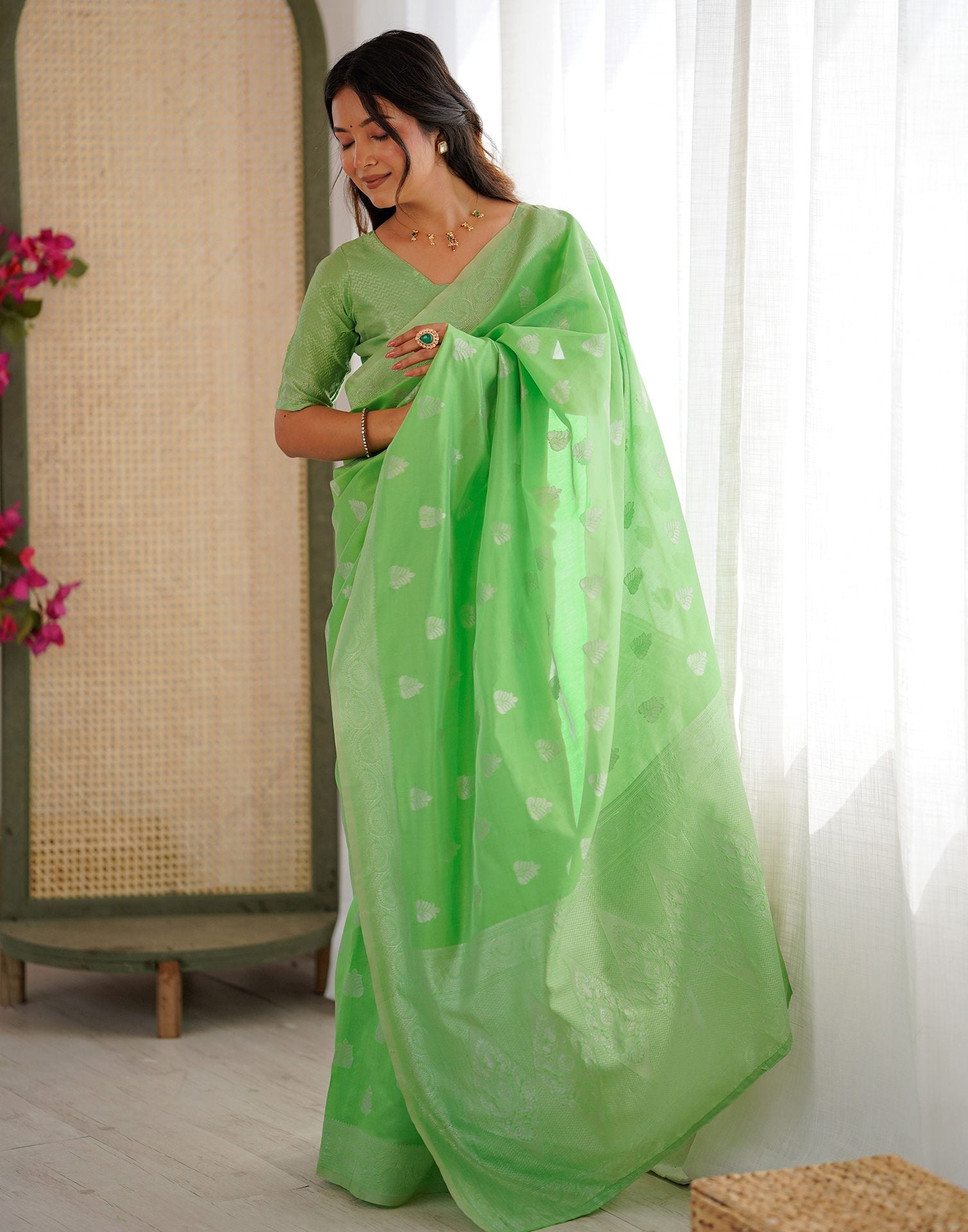 Parrot Green Silk Woven Saree