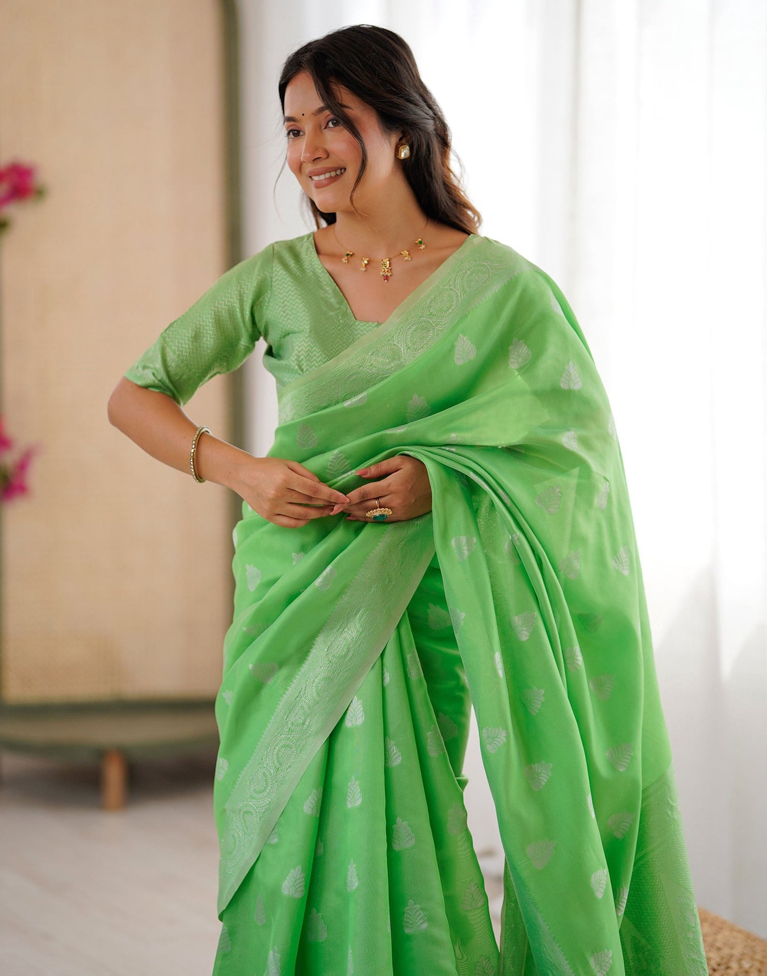 Parrot Green Silk Woven Saree