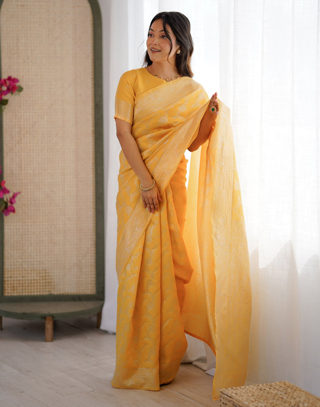 Yellow Silk Woven Saree