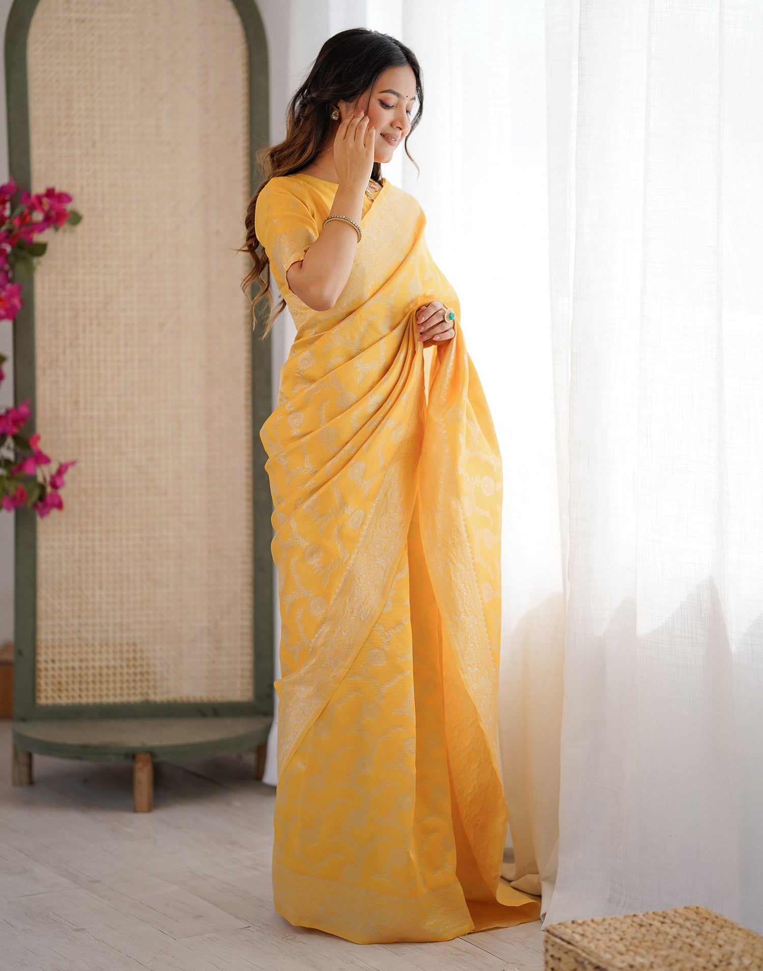 Yellow Silk Woven Saree