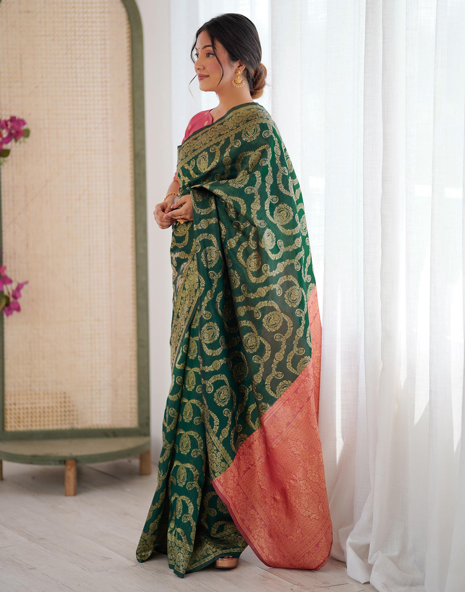Dark Green Silk Woven Saree