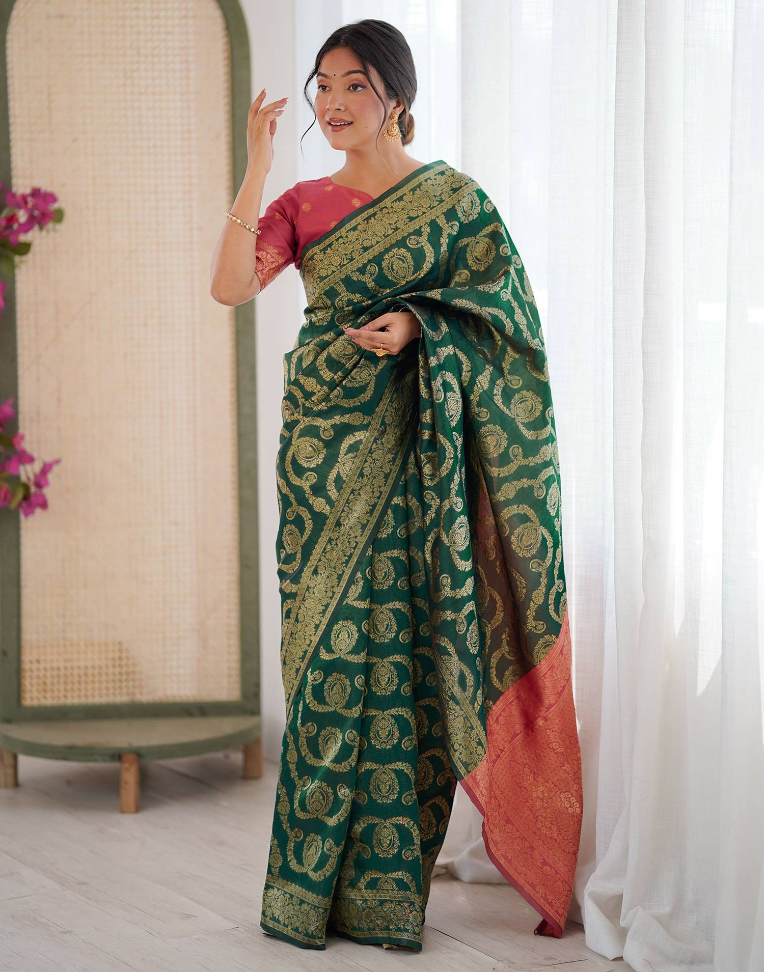 Dark Green Silk Woven Saree
