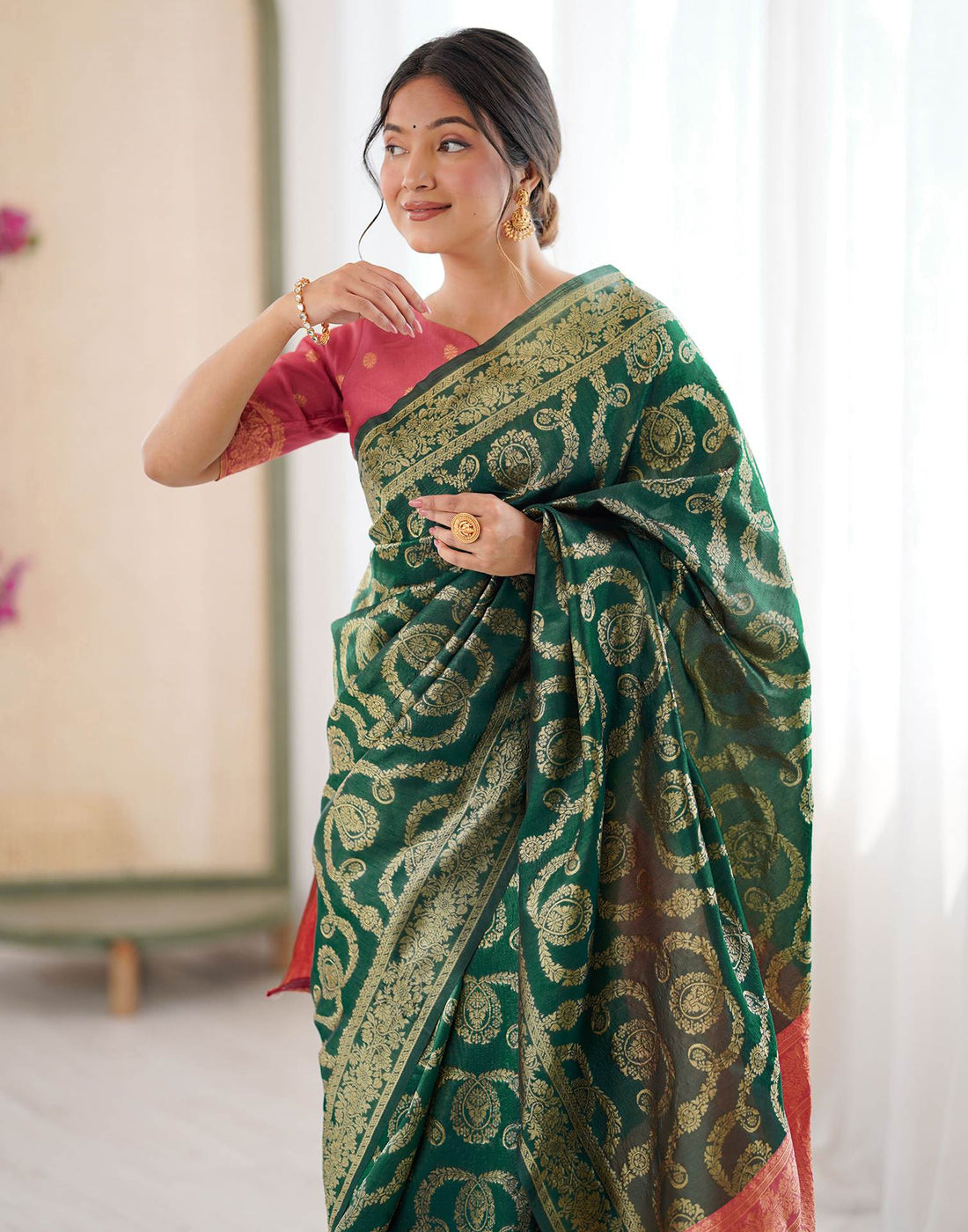 Dark Green Silk Woven Saree