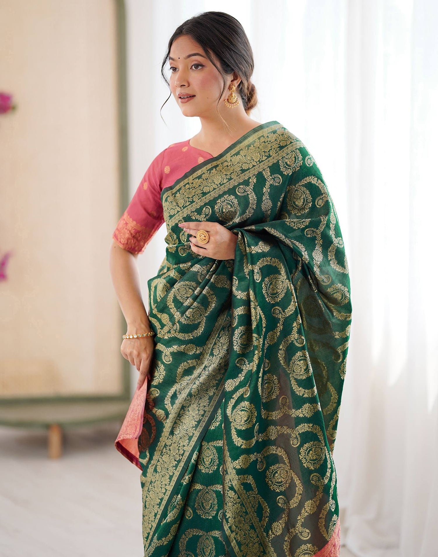 Dark Green Silk Woven Saree