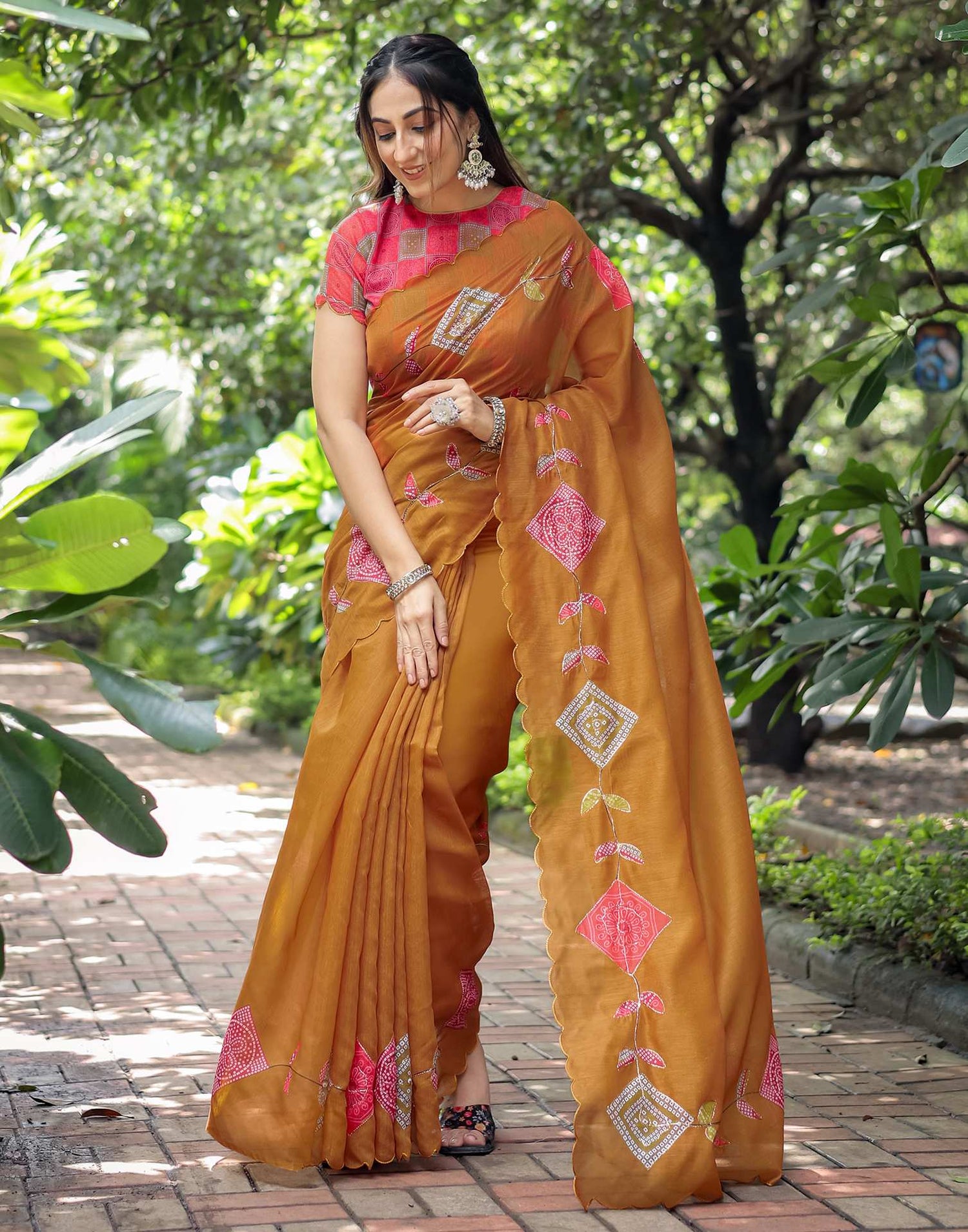 Dusty Orange Cotton Printed Saree
