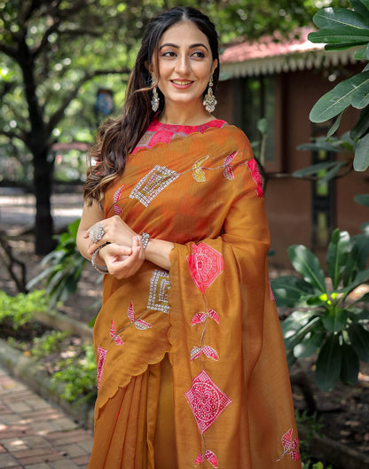 Dusty Orange Cotton Printed Saree