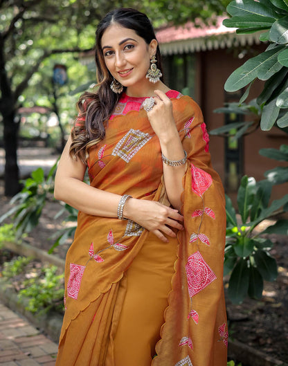 Dusty Orange Cotton Printed Saree