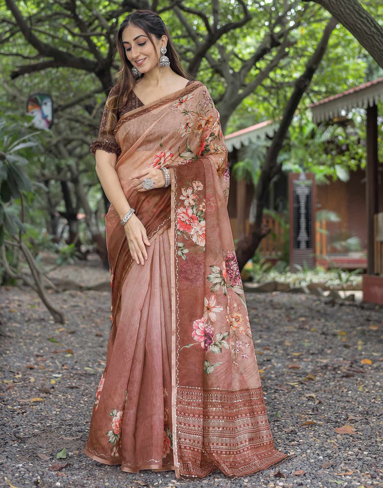 Brown Cotton Floral Printed Saree