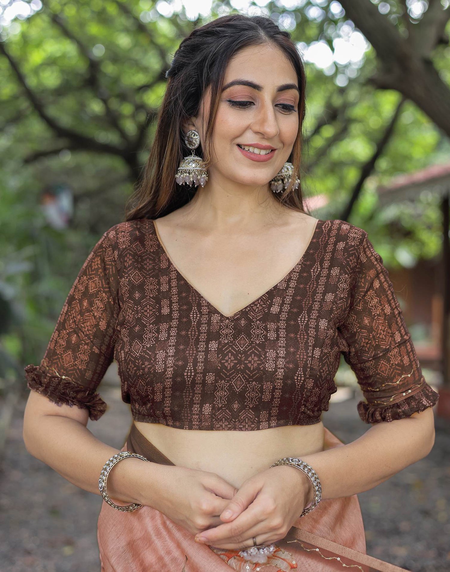 Brown Cotton Floral Printed Saree
