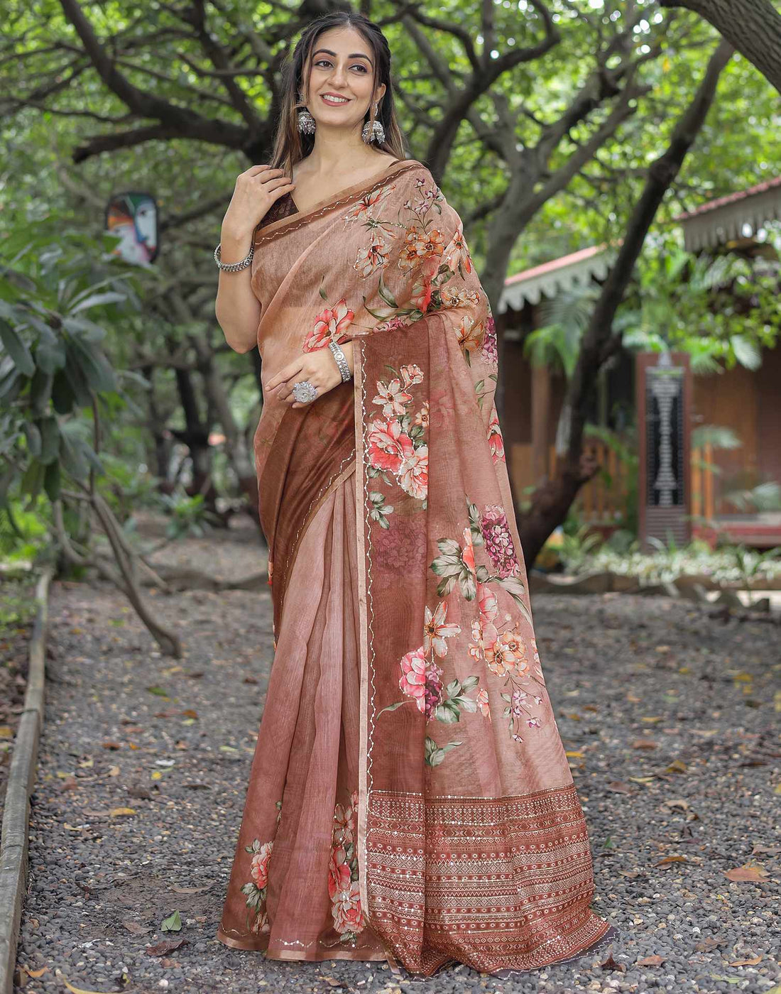 Brown Cotton Floral Printed Saree