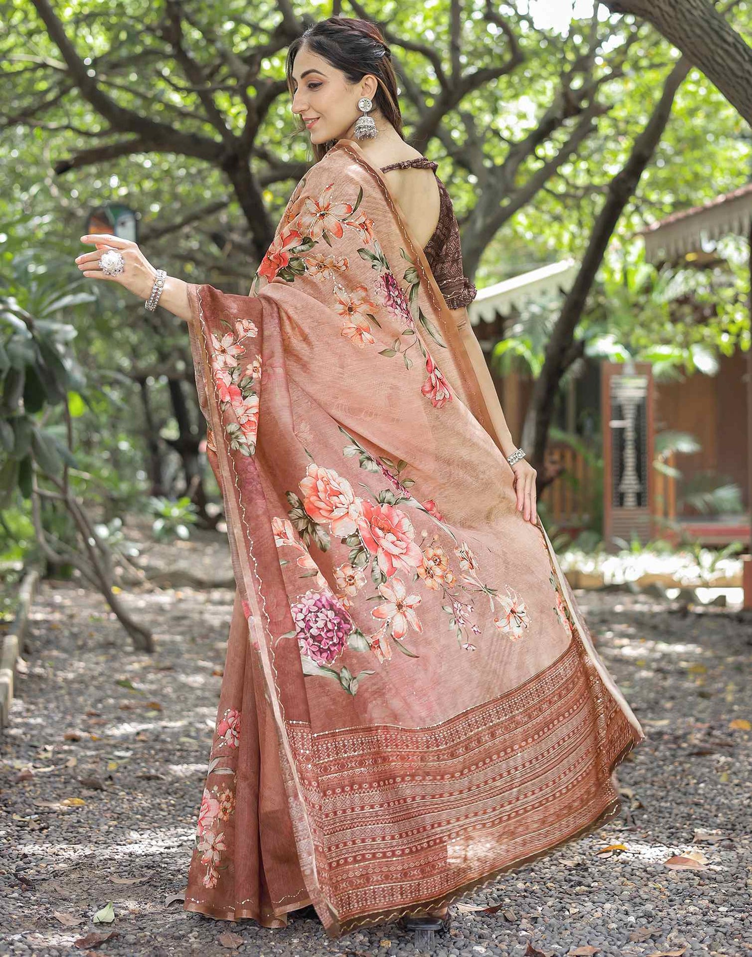 Brown Cotton Floral Printed Saree