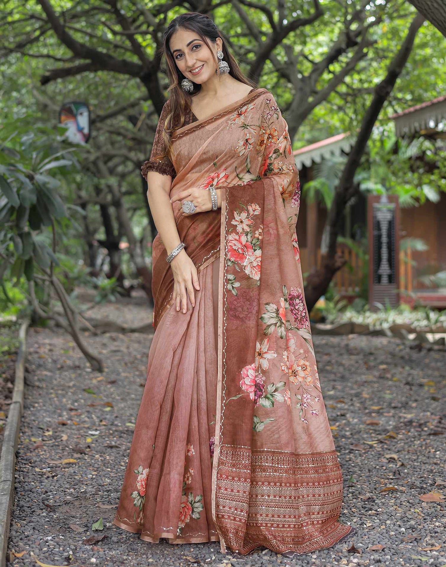 Brown Cotton Floral Printed Saree