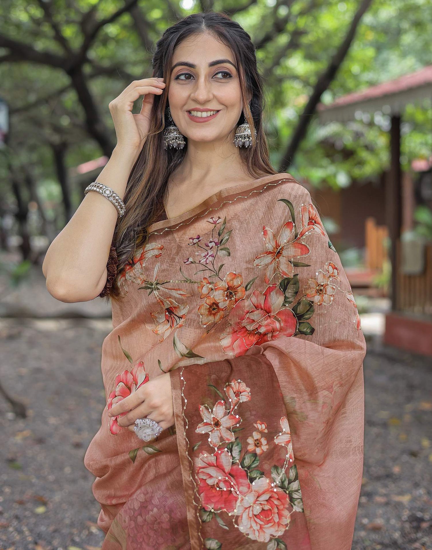Brown Cotton Floral Printed Saree